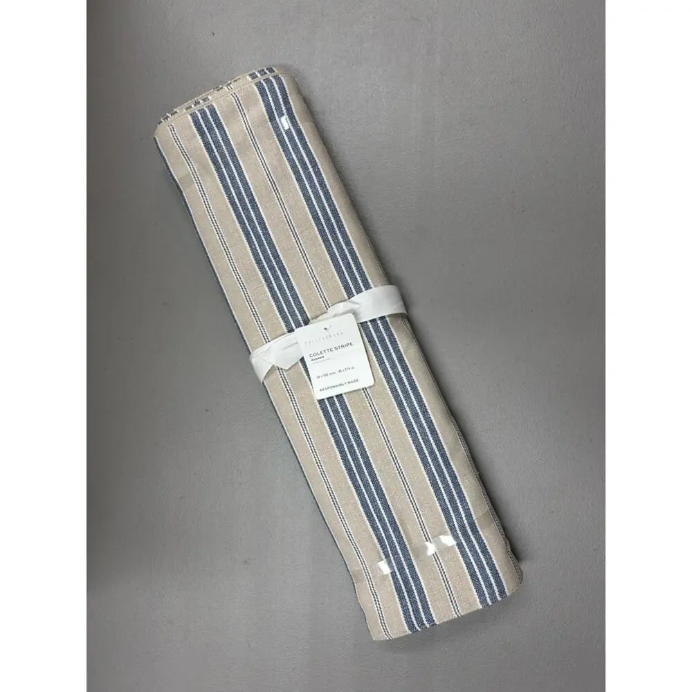 Pottery Barn Colette Stripe Blue Tan Cotton / Linen Table Runner Dining Room NWT